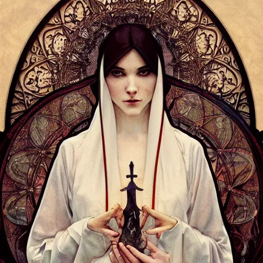 Prompt: art by artgerm and greg rutkowski and alphonse mucha and tom bagshaw, soft painting of a gothic nun blessing flowers in full dress, perfectly detailed, symmetrical intricate sensual features, highly detailed, artstation, sharp focus