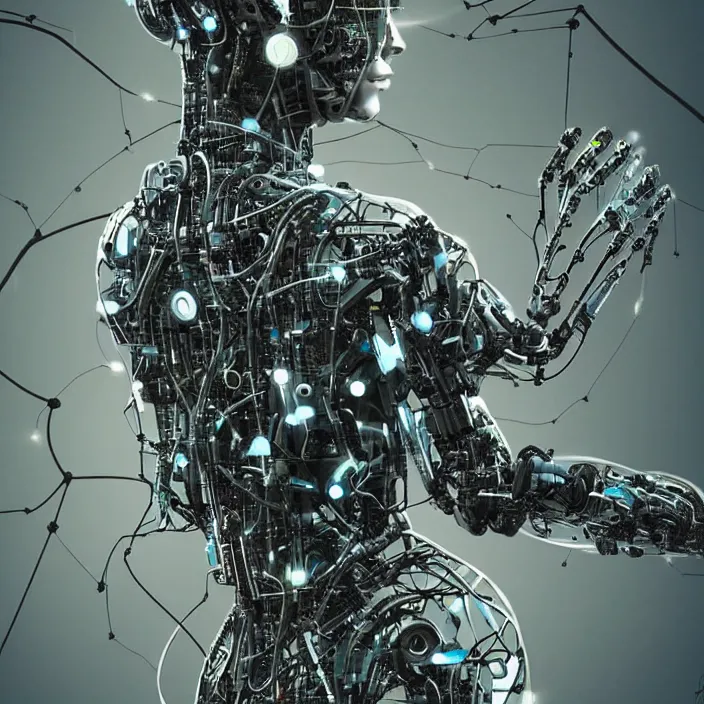 Prompt: a female cyborg robot, artificial intelligence, standing, sci - fi theme, dystopian landscape, half of her is connected to nature via vines, branches, the other half is connected to wires, technology, highly detailed, hyper - realistic, futuristic