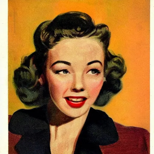 Prompt: “Sydney Sweeney portrait, color vintage magazine illustration 1950”