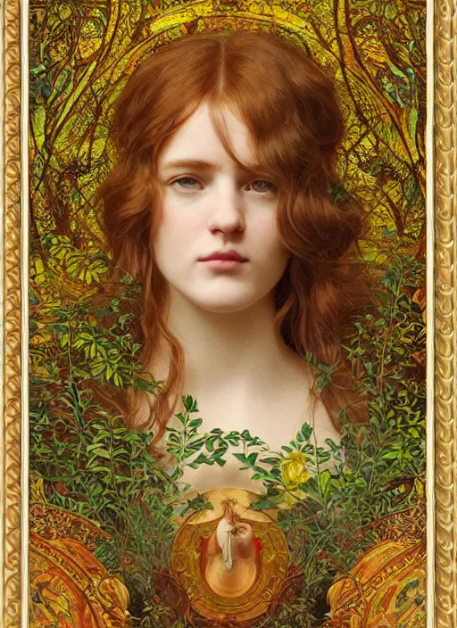 Prompt: masterpiece beautiful seductive flowing curves preraphaelite face portrait photography, sam spratt, extreme close up shot, straight bangs, thick set features, yellow ochre ornate medieval dress, amongst foliage mushroom forest circle arch, william morris and kilian eng and mucha, framed, 4 k
