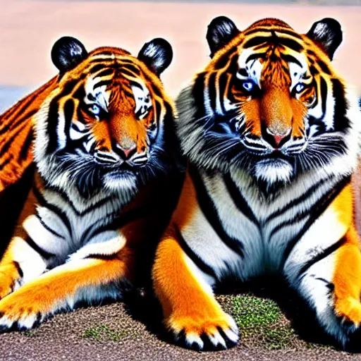 Image similar to two siberian tigers with bat wings posing like super models staring into your eyes with bright blue irises.