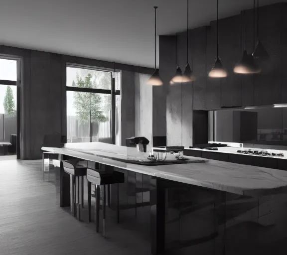 Image similar to brutalist black mansion luxury kitchen with 2 islands interior design minimalist organic, organic architecture furniture open space high quality octane render blender 8 k