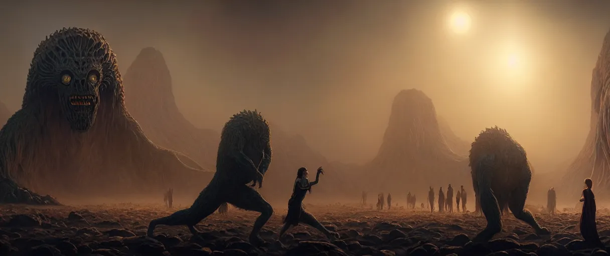 Prompt: people running terrified of the giant monster in the background, high detail, 8k, ornate, dark fantasy, realistic, masterpiece, Trending on art station, complex, WLOP, film still from the movie directed by Denis Villeneuve with art direction by Alex Grey, Greg Rutkowski