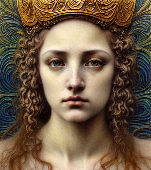 Image similar to detailed realistic beautiful young medieval queen of jupiter face portrait by jean delville, gustave dore and marco mazzoni, art nouveau, symbolist, visionary, gothic, pre - raphaelite. horizontal symmetry by zdzisław beksinski, iris van herpen, raymond swanland and alphonse mucha. highly detailed, hyper - real, beautiful
