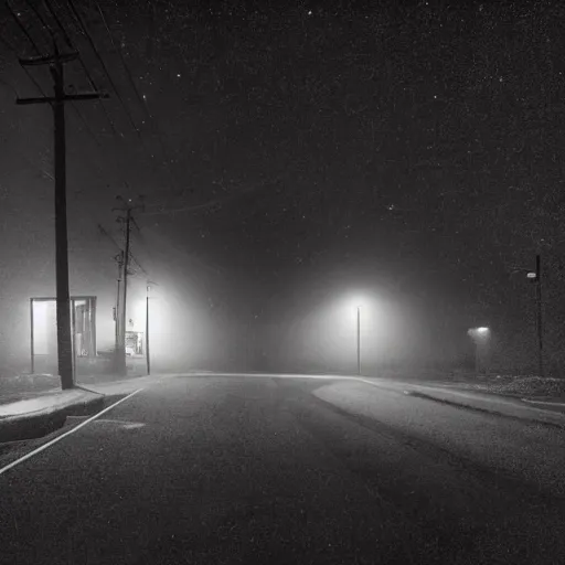 Image similar to A stunningly beautiful award-winning 8K high angle close up cinematic movie photograph of a spooky foggy empty lightless moonlit main intersection in an abandoned 1950s small town at night. perfect composition, shot from roofline, moody low key backlit. Color palette from Seven, greens yellows and reds. 2 point perspective, high angle from 15 feet off the ground. Octane render