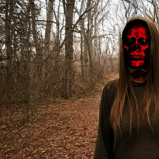 Prompt: Bloody Mary is after me she's turned into a skinwalker a shadow a CIA agent demon baby woman skull man eater in my trailcam closeup in 4k