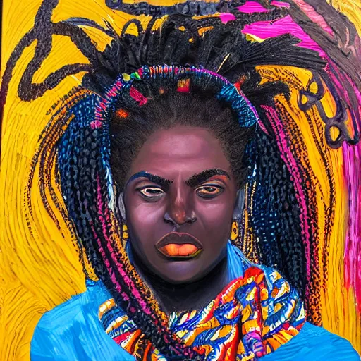 Prompt: dark skinned woman with plaited african hair wearing cultural clothes sitted calmly in a contrasting desert, bright and colourful, highly detailed, saturation, vibrant, acrylic, oil paint inspired by the works of julie mehretu