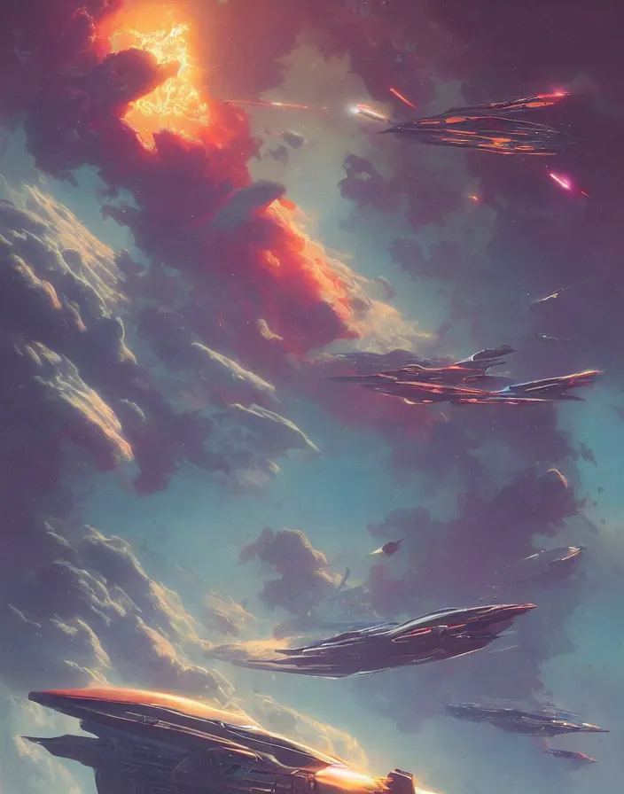 Image similar to Retro futuristic Sci-Fi poster by Moebius and Greg Rutkowski, Giant spaceship, nebulae, multicolored gas clouds