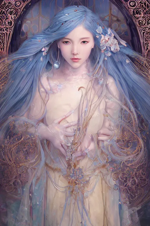 Image similar to breathtaking detailed soft painting of a knight queen with long flowing blue hair, pastel flower petals flying, art by pilyeon, yuumei art, symmetrical facial features, at dawn in front of a pristine golden art nouveau cathedral, elegant, volumetric lighting, highly detailed, artstation, concept art, matte, sharp focus,