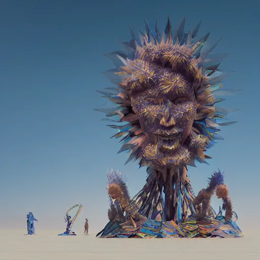 Prompt: highly detailed 3d render of burning man festival sculpture with cornflowers by Beeple