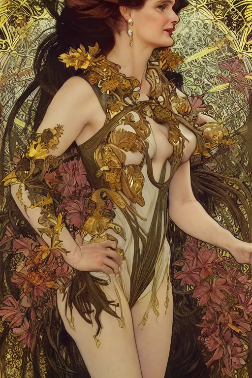 Image similar to geena davis as queen of the jungle, running, full figure, painted by nekro, alphonse mucha, dark - fantasy, intricate detail, artstation, cgsociety, rococo, gold leaf art