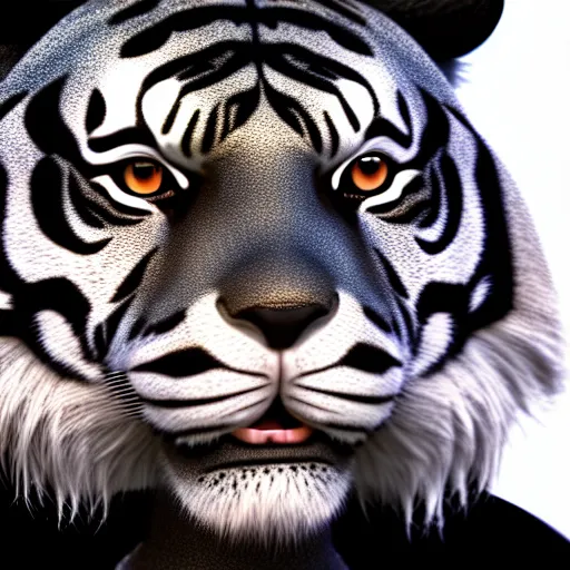 Image similar to portrait of an anthropomorphic tiger in a black suit, hyper detailed, ultra realistic, soft fur, ssao 8 k