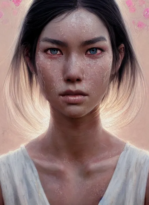 Image similar to girl with shoulder length white hair, rice farmer, beautiful highly detailed face, light freckles, pink pupils, beautiful painting by artgerm and greg rutkowski and raymond swanland