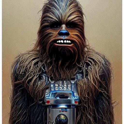 Prompt: hyper detailed masterpiece, chewbacca portrait jean giraud, digital art painting, darkwave goth aesthetic, psychedelic, artgerm, donato giancola, tom bagshaw