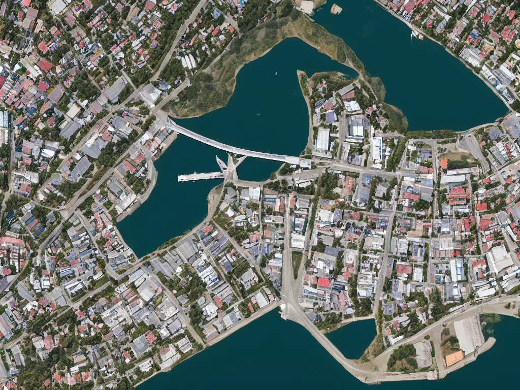 Prompt: satellite imagery of a small city with shops, shipping dock, and beach to the south. a bridge crosses a big lake, with a town hall, marketplace, and towers to the north. there is a field in the middle of the city. small hills and woods north of the city