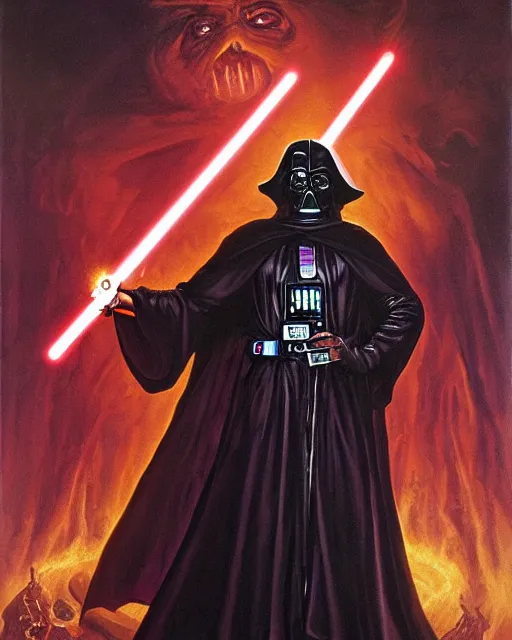 Image similar to portrait of Rosie O’ Donnel with lightsaber as a powerful dungeons and dragons warlock, wearing dark robe, intricately detailed, lovecraftian, realistic, oil painting, by jeff easley, boris vallejo, cinematic lighting