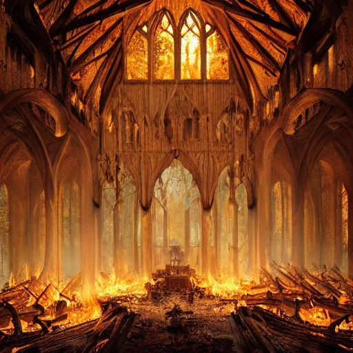 Image similar to hyperrealistic photograph of the norway wood churches burned to the ground, fire, giant bones, skeletons, dim volumetric lighting, octane beautifully detailed render, extremely hyper detailed, intricate, epic composition, cinematic lighting, masterpiece, trending on artstation, very detailed, stunning, hdr, smooth, sharp focus, high resolution, award, winning photo