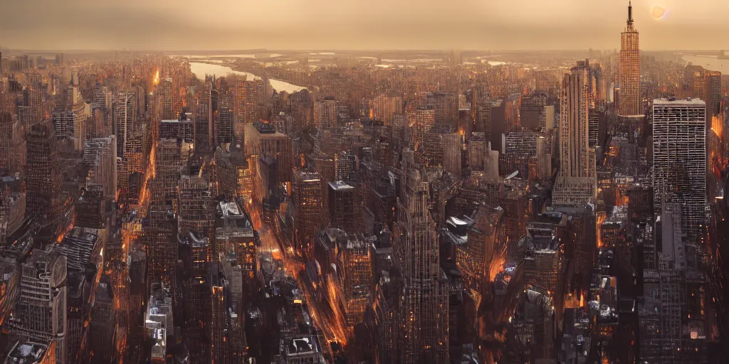 Prompt: manhattan at dusk, dim volumetric lighting, 8 k octane render, hdr, postprocessing, hyperdetailed, intricate, epic composition, cinematic lighting, masterpiece, trending on artstation, extraordinary artwork by nathan walsh