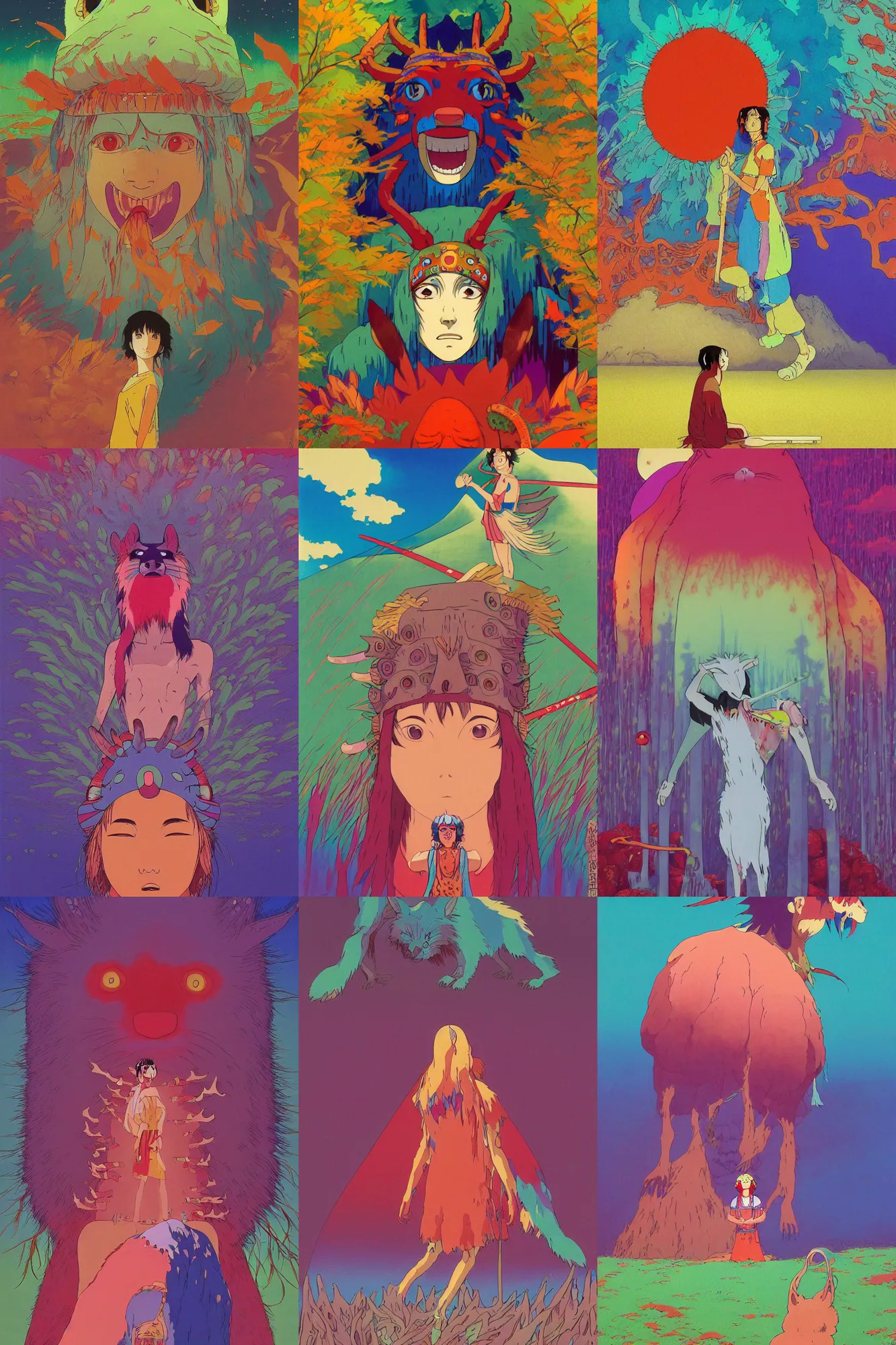 Prompt: a colorful vibrant portrait of princess mononoke from studio ghibli, lsd acid on his tongue and dreaming psychedelic hallucinations, by kawase hasui, moebius, edward hopper and james gilleard, zdzislaw beksinski, steven outram colorful flat surreal design, hd, 8 k, artstation