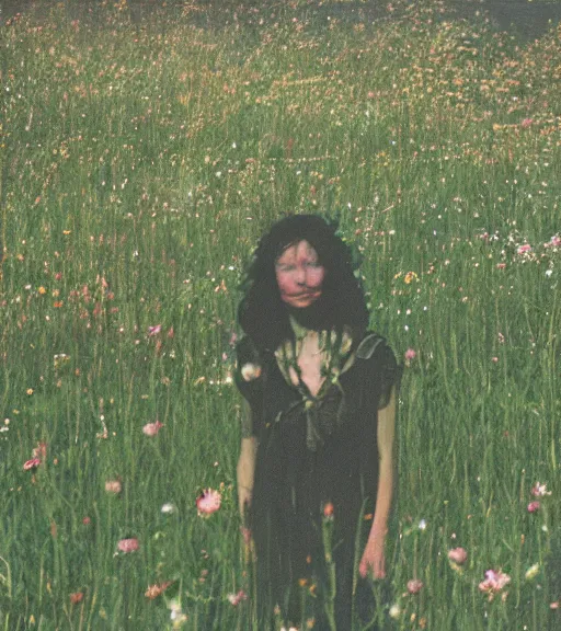 Prompt: tall shadow person figure standing in beautiful meadow of flowers, vintage film photo, grainy, high detail, high resolution