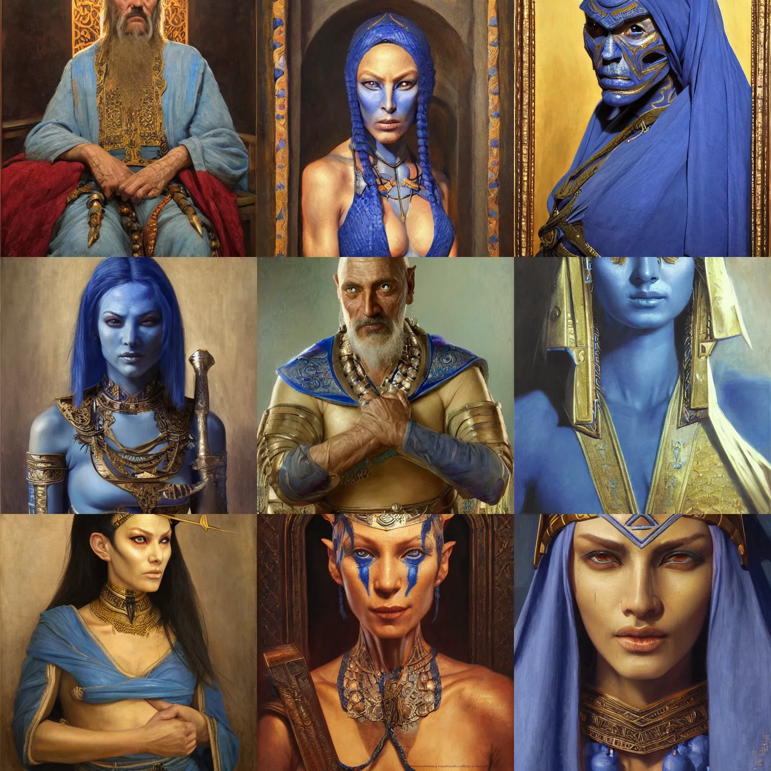 Prompt: orientalism portrait of a dunmer spellsword elder scrolls blue skin by Edwin Longsden Long and Theodore Ralli and Nasreddine Dinet and Adam Styka, masterful intricate artwork. Oil on canvas, excellent lighting, high detail 8k