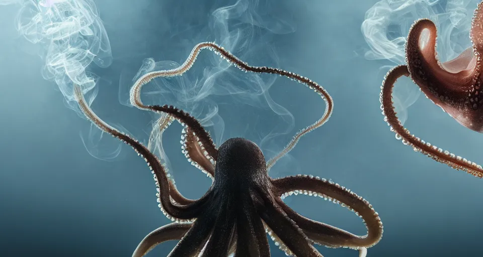 Prompt: an octopus in a smokey room smoke curling around the beak water rippling in the background, 4k, realistic lighting, surface reflections, very hazy room