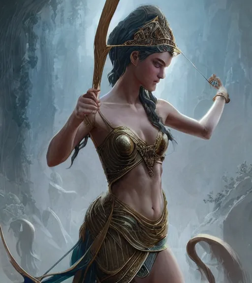 Image similar to aphrodite goddess wearing an arrow on her head, beautiful face, digital illustration, in the style of greg rutkowski, fantasy, amazing detail, epic, intricate, elegant, smooth, sharp focus