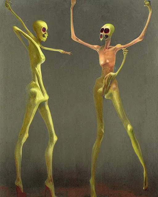 Prompt: Two skinny figures wearing golden alien gas masks, draped in silky pink and green, exhausted inside a ruined surgical room, the world is on fire, loss and despair, gothic, dark mood, in the style of Francis Bacon, !!!Esao Andrews!!!, Zdzisław Beksiński, Edward Hopper, surrealism, art by Takato Yamamoto and James Jean