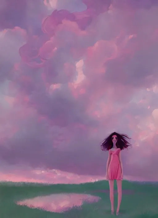 Prompt: woman, pink clouds, by loish