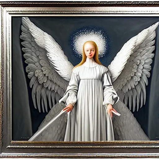 Image similar to highdetailed hyperrealistic painting of white angel!!! no gender smiling noface!!!, light instead of hands, white sparkles everywhere, 4 k hd face!!!, big silver high detailed wings!!!, renaissance, by jan van eyck, by gerhard richter, holography space, glow effect, large strokes, monochrome!!!!!