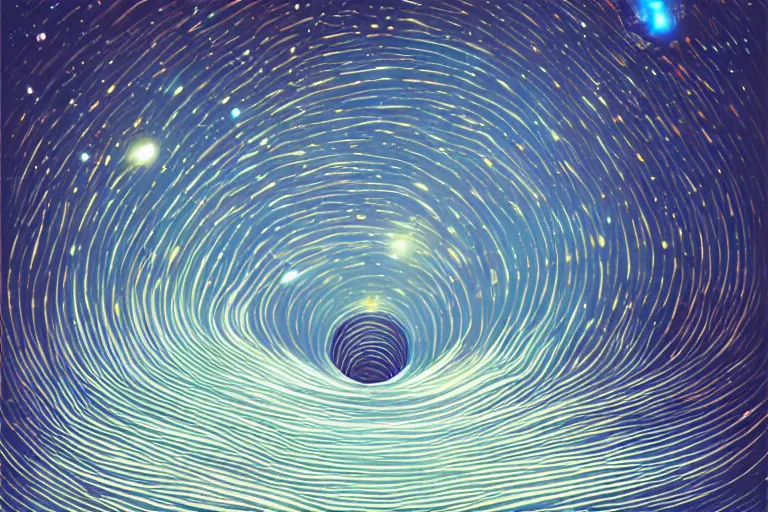 Image similar to an impression of data lines flowing in space, light spots flowing alongside the lines, implying the flow of ever long connection, trending on artstation, flowing within an interstater clouts!, making it's way across the vast universe, by cyril rolando, a person looking onwards from a planets surface