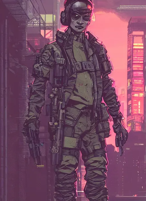 Prompt: Dangerous Mio. buff Japanese cyberpunk mercenary wearing a cyberpunk tactical headset and military vest. Attractive face. Realistic Proportions. Concept art by James Gurney and Laurie Greasley. Moody Industrial skyline. ArtstationHQ. Creative character design for cyberpunk 2077.