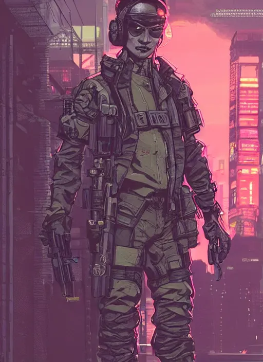 Man with dark medium hair cyberpunk mercenary streetwear muscular soldier  fighter