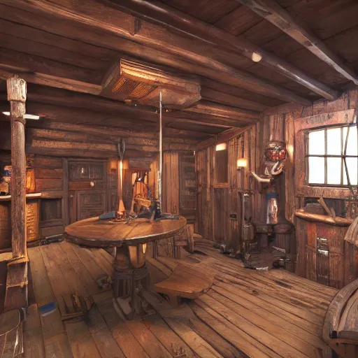 Prompt: the inside of an impressive award - winning pirate themed escape room set on the deck of a pirate ship. hyper - realistic, realistic color 3 d render