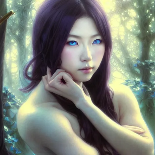 Prompt: Portrait of female japanese idol, D&D, blue eyes, face, fantasy, intricate, elegant, highly detailed, digital painting, artstation, concept art, smooth, sharp focus, illustration, forest on background, art by artgerm and greg rutkowski and alphonse mucha