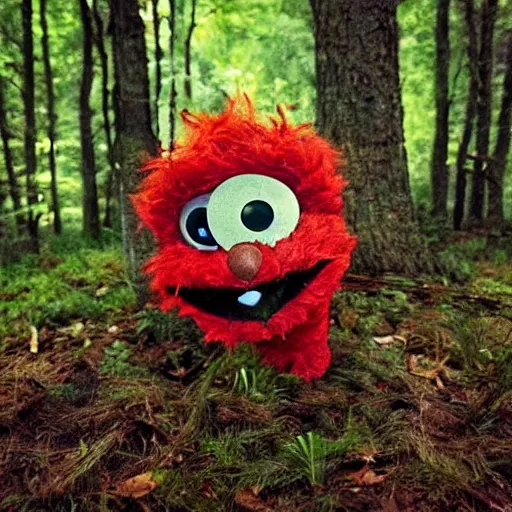 Prompt: found footage of creepy elmo spotted in the woods, demonic, trail cam