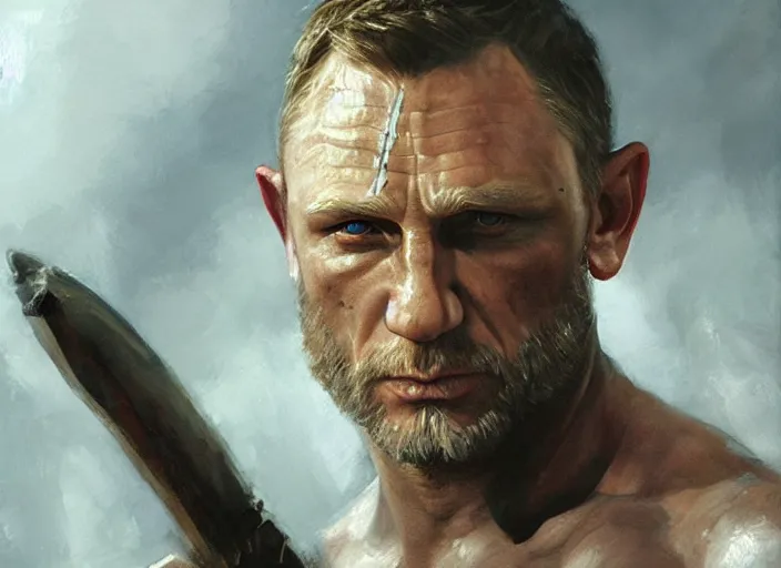 Prompt: a highly detailed beautiful portrait of daniel craig kratos hybrid god of war, by gregory manchess, james gurney, james jean, octane, fantasy