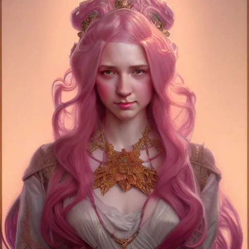 Image similar to aristocrat, subtle smile, female, d & d, fantasy, intricate, elegant, highly detailed, long pink hair, digital painting, artstation, octane render, concept art, matte, sharp focus, illustration, hearthstone, art by artgerm, alphonse mucha johannes voss