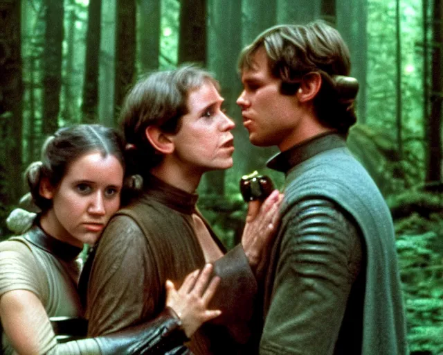 Image similar to luke skywalker, princess leia and han solo hugging and kissing in the forest of endor at the end of return of the jedi