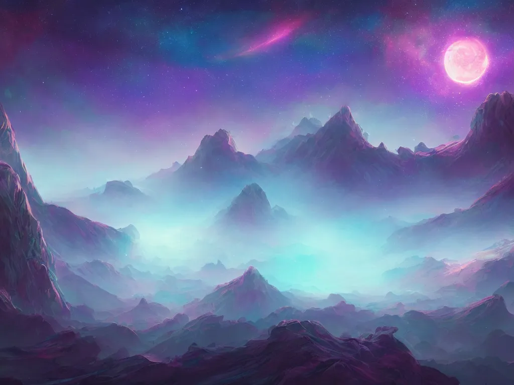 Image similar to A realm of a vast galaxy, five planets, intricate, elegant, fantasy, highly detailed, digital painting, concept art, sharp focus, illustration, beautiful volumetric lighting, deep dark, artstation, magic hour lighting, colorful, springtime, by Elizabeth Miloecute