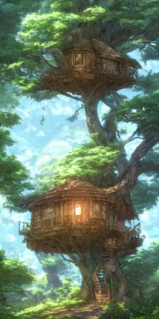 Image similar to beautiful tree house on a forest path, beautiful ancient trees, hiding large treasure chest, serene evening atmosphere, soft lens, soft light, cel - shading, animation, in the style of cgsociety, deviantart, artstation, zbrush, cinema 4 d, studio ghibli, akihiko yoshida, atelier lulua, masamune shirow