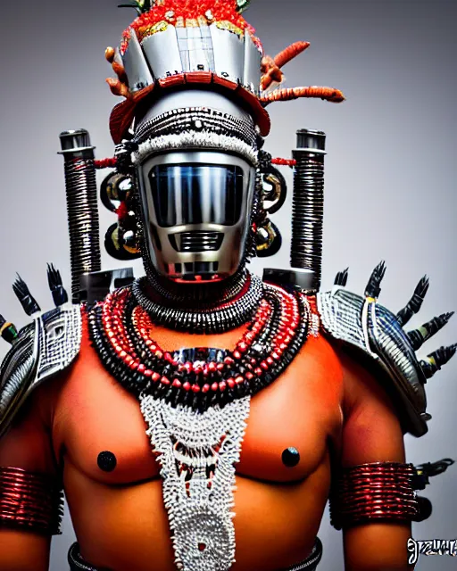 Prompt: photo of a Dramatic Theyyam male character with traditional headgear painted face wearing futuristic robocop LED goggles and futuristic robot armour with wide traditional ghaghra in the style of stefan kostic, full body, realistic, sharp focus, symmetric, 8k high definition, insanely detailed, intricate, elegant, art by stanley lau and artgerm, Hajime Sorayama, William-Adolphe Bouguereau
