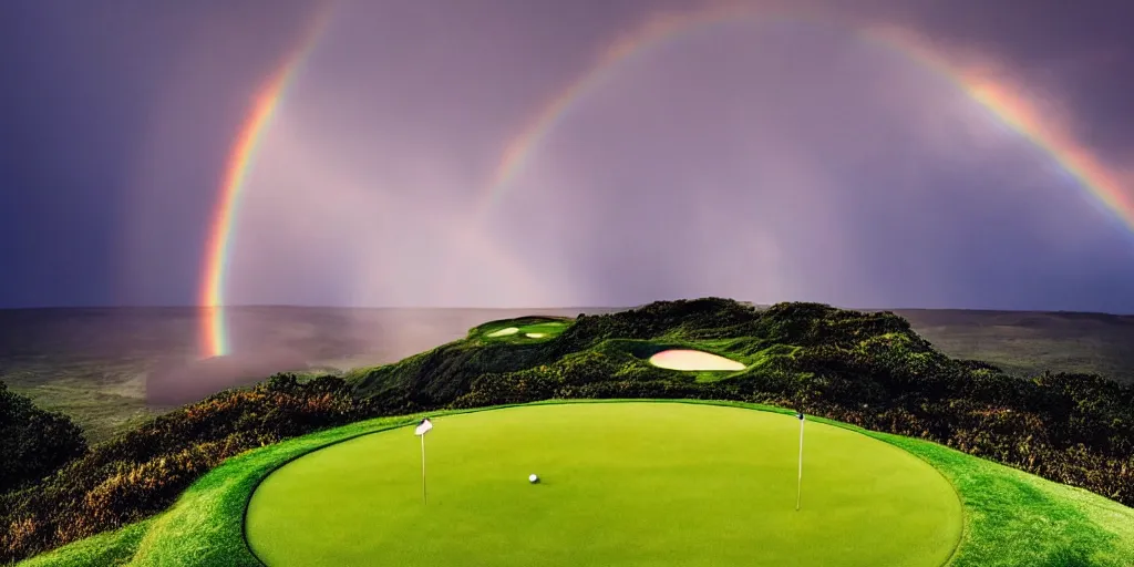 Image similar to a great photograph of the most amazing golf hole in the world, on top of the clouds, lightning storm and a rainbow, sunlight, ambient light, golf digest, top 1 0 0, fog