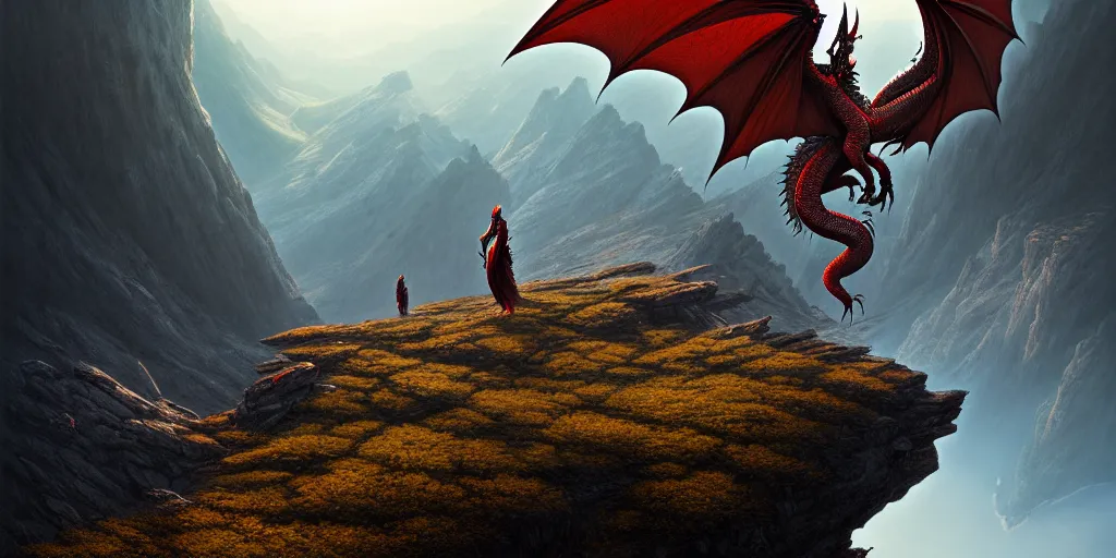 Prompt: red dragon standing on summit of a mountain, forest and valley below, ultra high definition, ultra detailed, symmetry, god rays, sci - fi, dark fantasy, by greg rutkowski