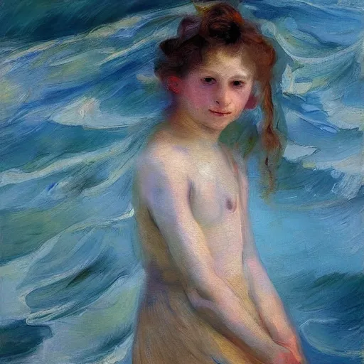 Prompt: a girl in the middle of the waves, backwards, beautiful hair, oil painting, rembrandt, sorolla, award winning painting, diffuse outline