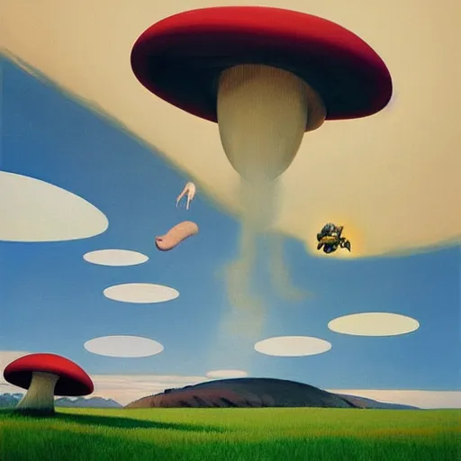 Prompt: Giant mushrooms fly through the air, as a tornado approaches, by Takashi Murakami, Edward Hopper, Bo Bartlett, and Cynthia Sheppard, Artstation