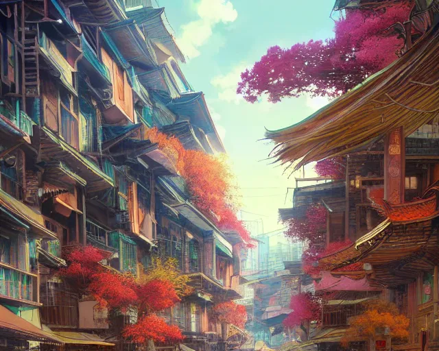 Prompt: street-level view of a colorful kitsune city, bamboo, flowers, anime, fox people, a fantasy digital painting by Greg Rutkowski and James Gurney, trending on Artstation, highly detailed