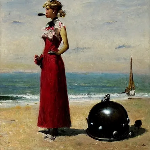 Prompt: model in a ballroom dress holding an antique diving helmet by the sea, by alfred stevens