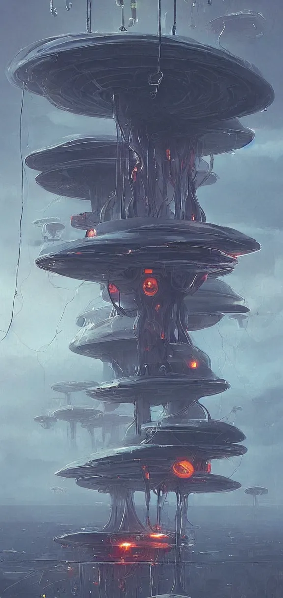 Image similar to mechanical mushroom starship with long tendrils, lots of hanging cables and wires, messy cords, sci - fi concept art, by john harris, by simon stalenhag, stunning, award winning