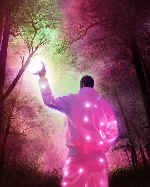 Image similar to man with pink glowing afro wearing disco jacket, standing in atmospheric spring forest at night, high contrast photoshop digital painting, realistic shading, beautiful moon lighting, best of artstation 4 k